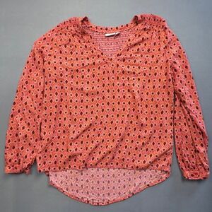 Hinge‎ Womens Top Blouse Long Sleeve Coral Geometric Smocked V Neck Casual